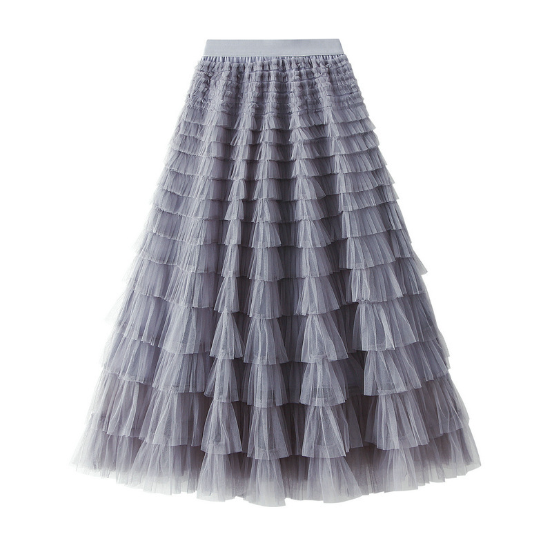 A-Line Mesh Ruffle Skirt Women's Temperament Sweet Long Skirt Slim Cupcake Dress Womens Clothing - obrazek 7