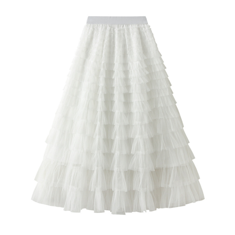 A-Line Mesh Ruffle Skirt Women's Temperament Sweet Long Skirt Slim Cupcake Dress Womens Clothing - obrazek 3