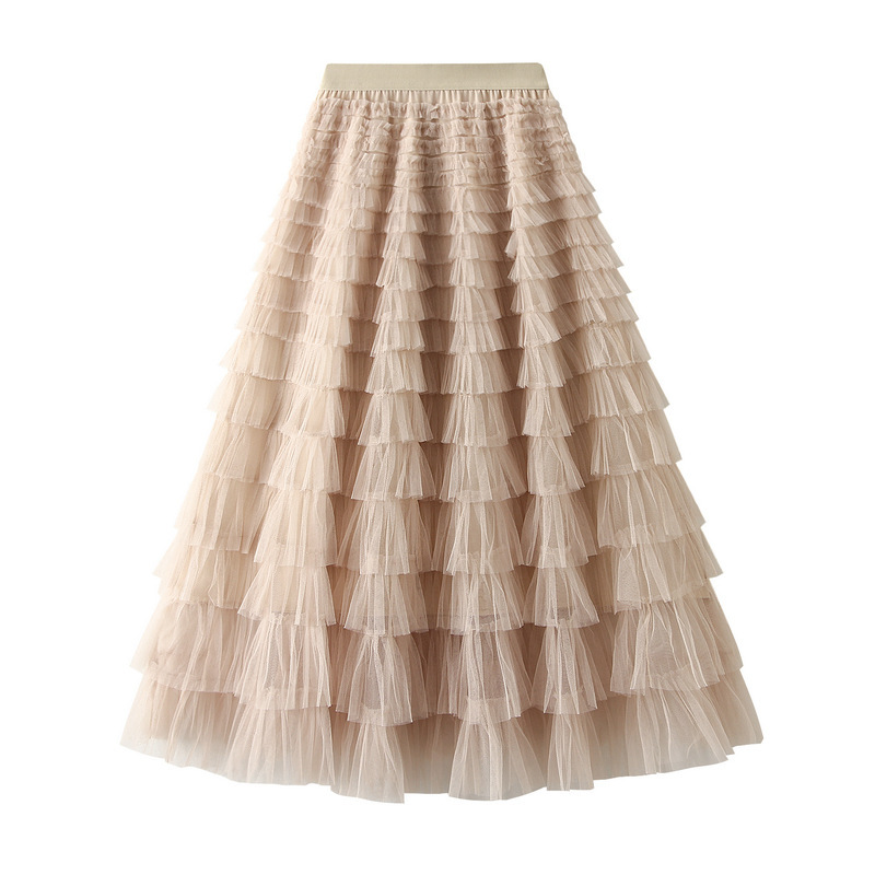 A-Line Mesh Ruffle Skirt Women's Temperament Sweet Long Skirt Slim Cupcake Dress Womens Clothing - obrazek 9