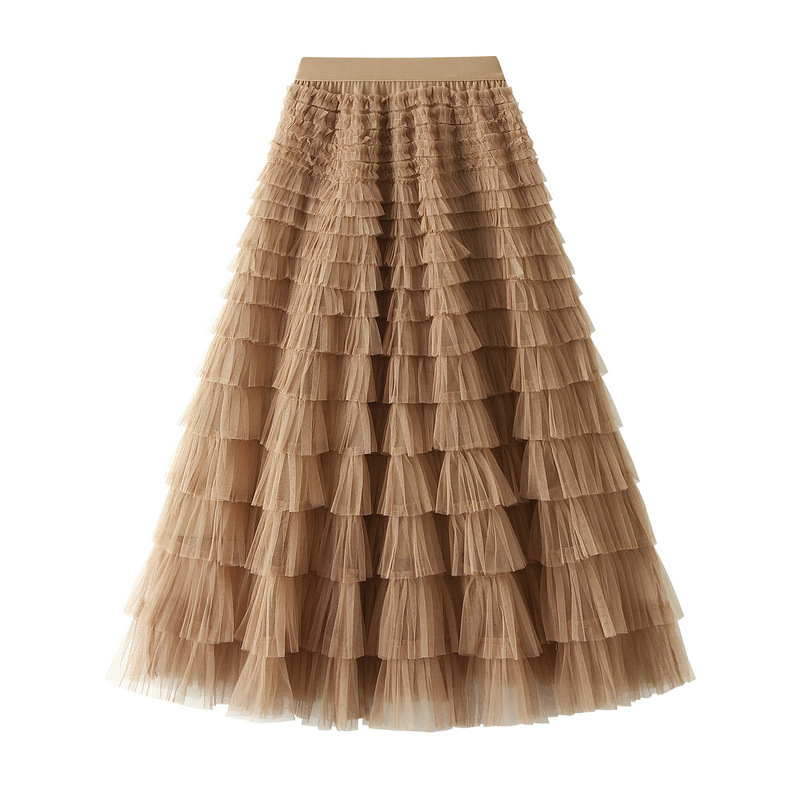 A-Line Mesh Ruffle Skirt Women's Temperament Sweet Long Skirt Slim Cupcake Dress Womens Clothing - obrazek 6