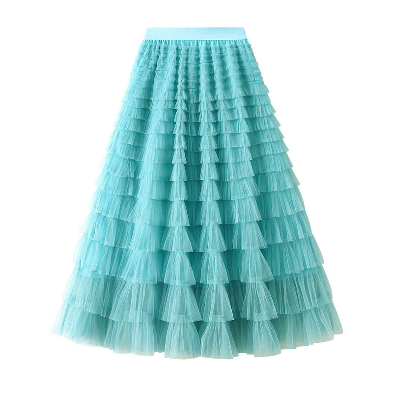 A-Line Mesh Ruffle Skirt Women's Temperament Sweet Long Skirt Slim Cupcake Dress Womens Clothing - obrazek 8