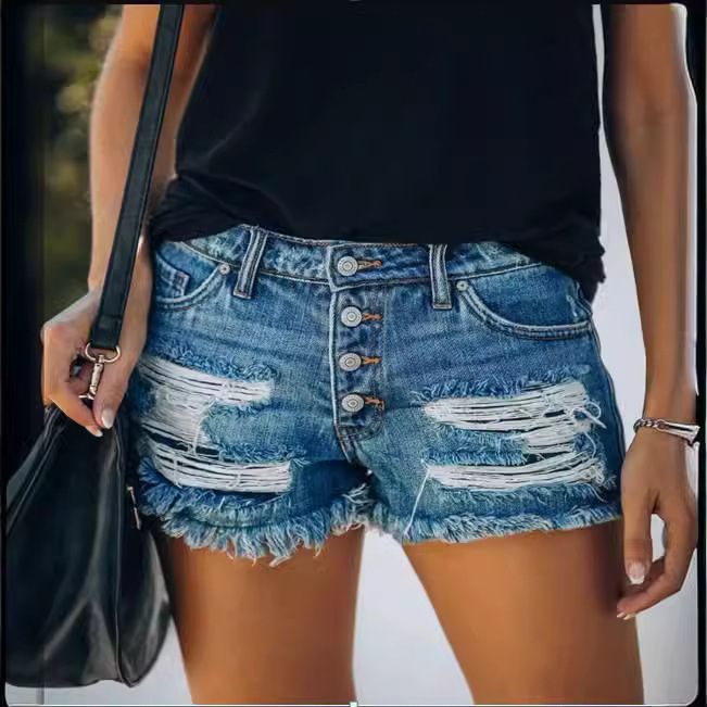 Fringed Denim Shorts Straight Breasted Women's Hot Pants - obrazek 9