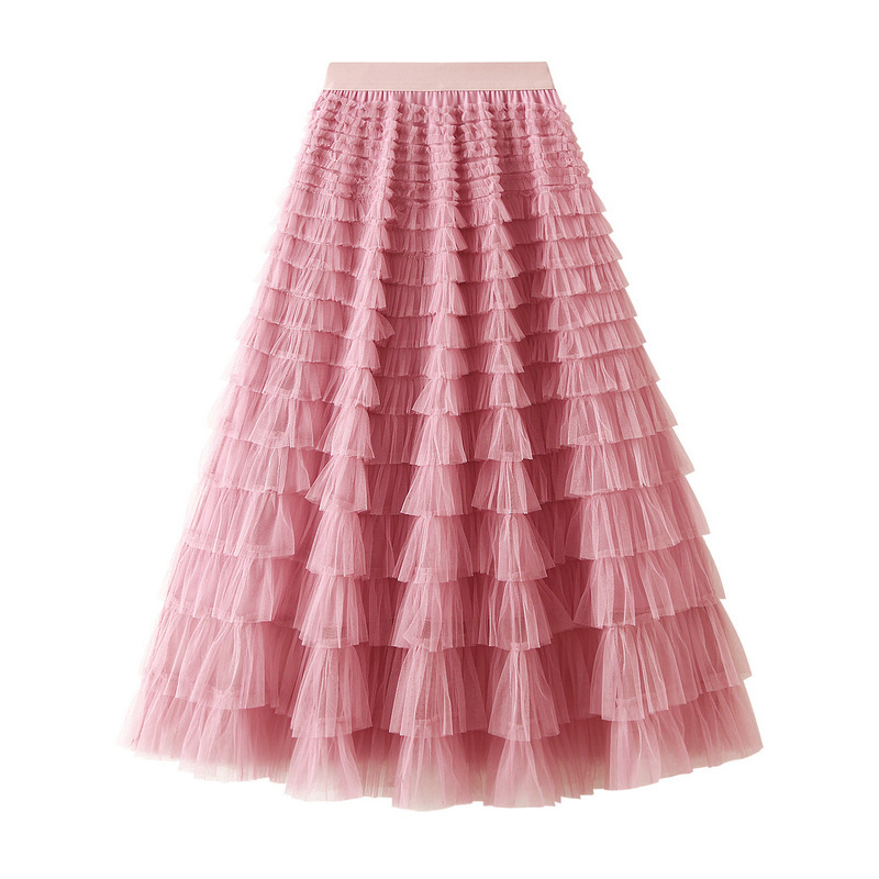 A-Line Mesh Ruffle Skirt Women's Temperament Sweet Long Skirt Slim Cupcake Dress Womens Clothing - obrazek 4