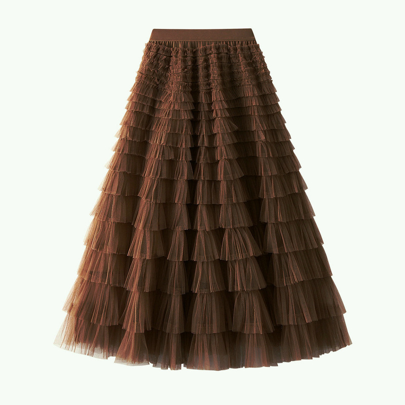A-Line Mesh Ruffle Skirt Women's Temperament Sweet Long Skirt Slim Cupcake Dress Womens Clothing - obrazek 2