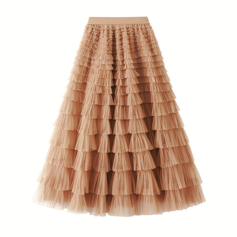 A-Line Mesh Ruffle Skirt Women's Temperament Sweet Long Skirt Slim Cupcake Dress Womens Clothing - obrazek 10
