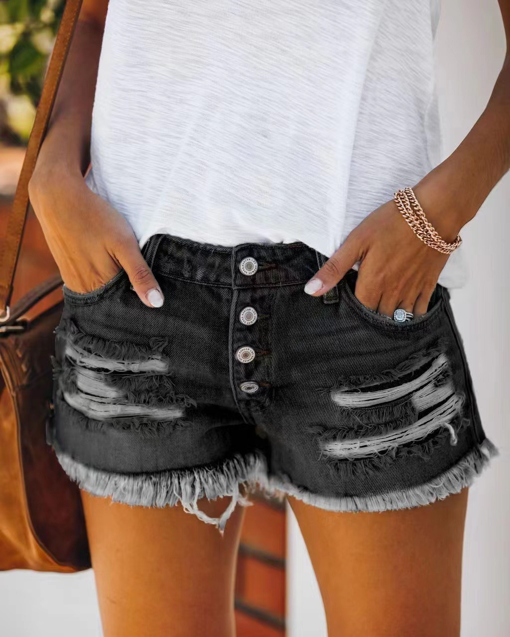 Fringed Denim Shorts Straight Breasted Women's Hot Pants - obrazek 8
